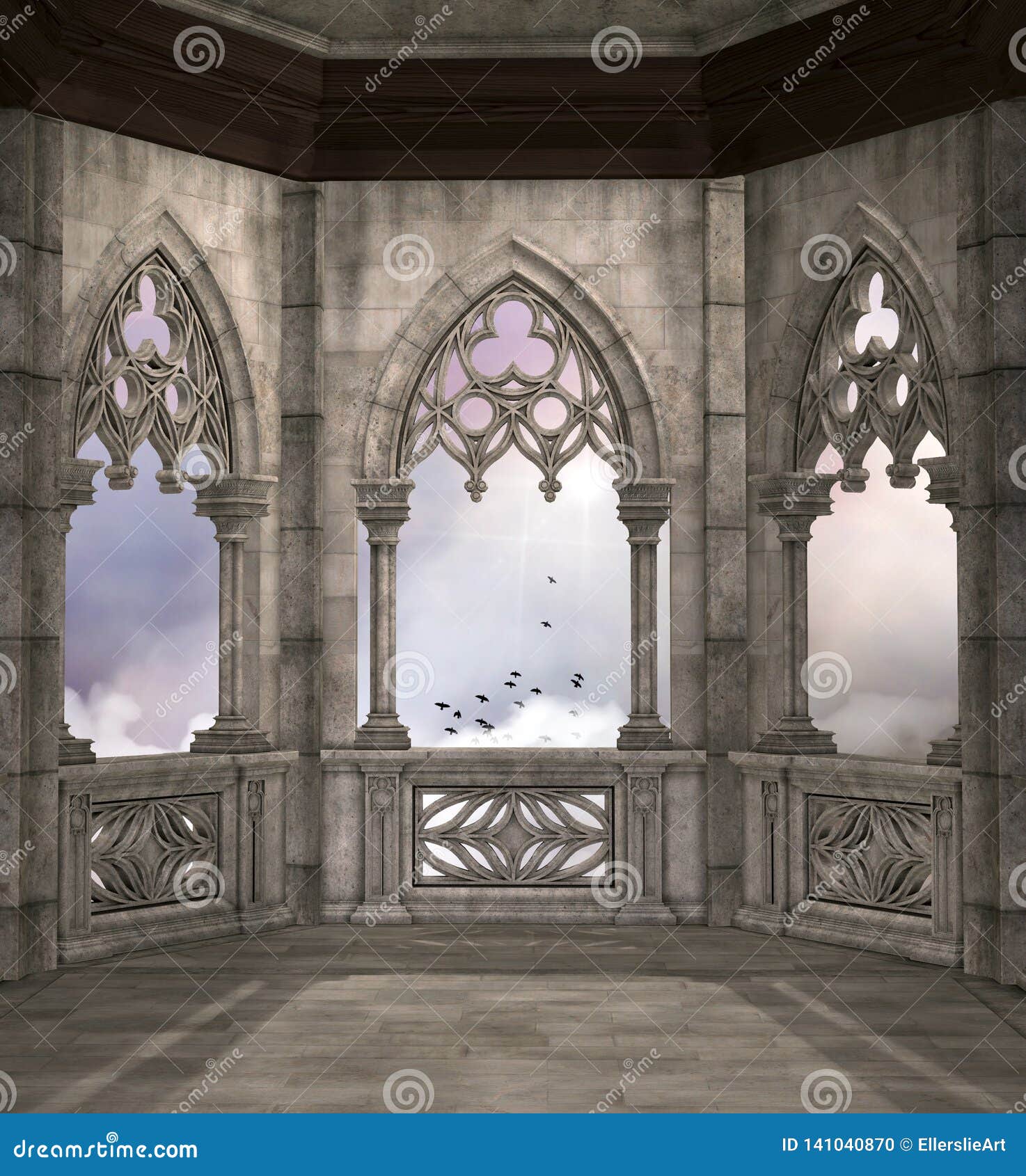 medieval fantasy balcony overlooking a cloudy sky